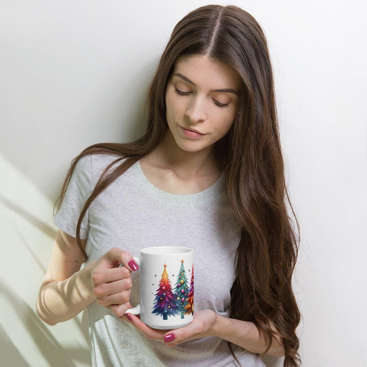 Rainbow Christmas Trees White glossy mug