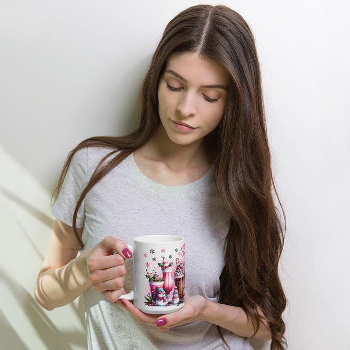 Christmas Pink Snowman White glossy mug