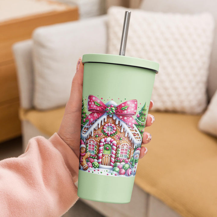 Gingerbread House Insulated tumbler with a straw
