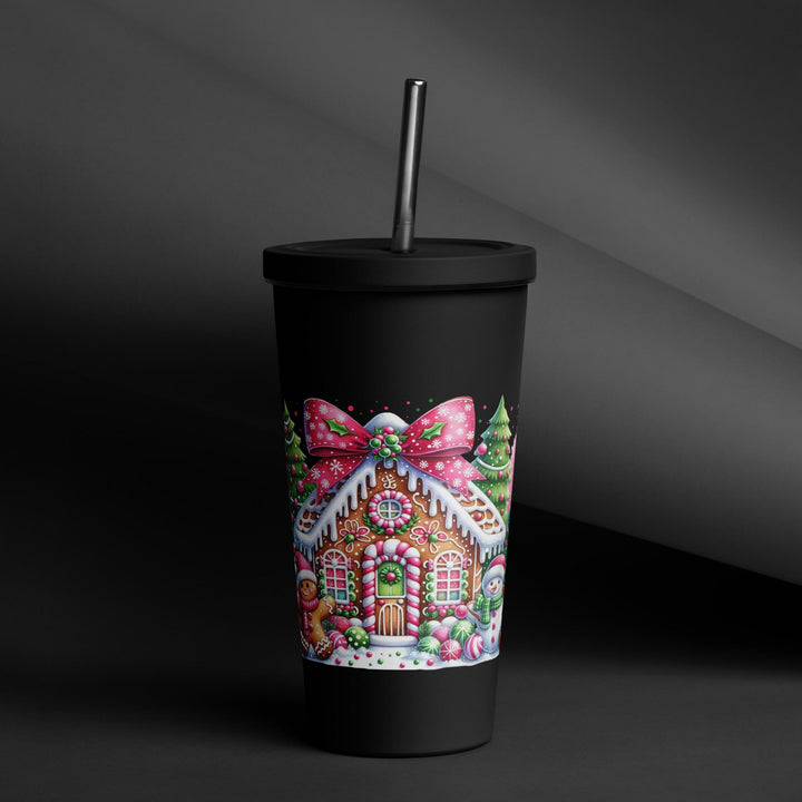 Gingerbread House Insulated tumbler with a straw