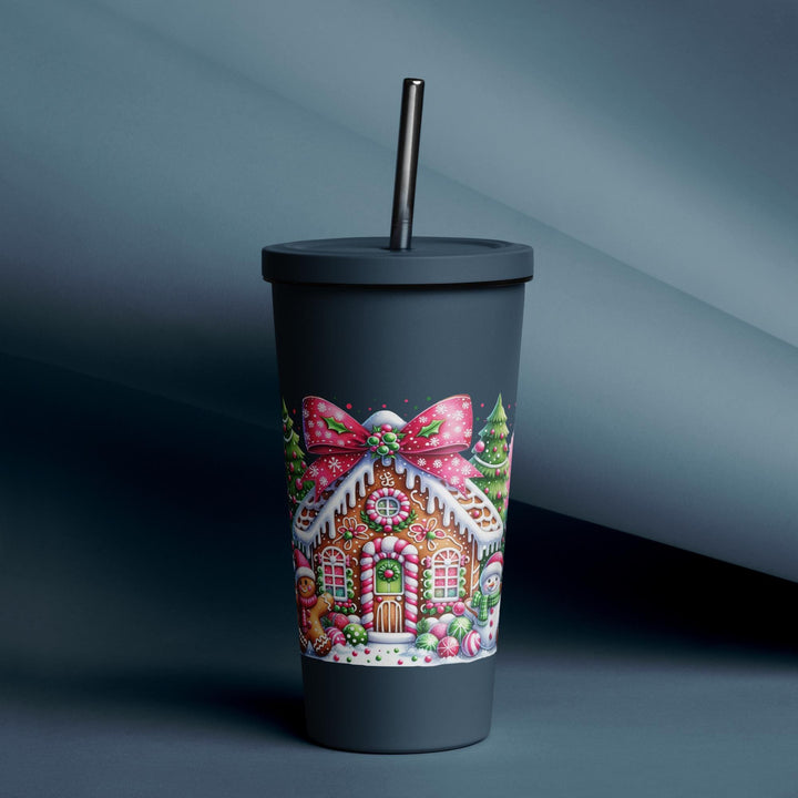 Gingerbread House Insulated tumbler with a straw