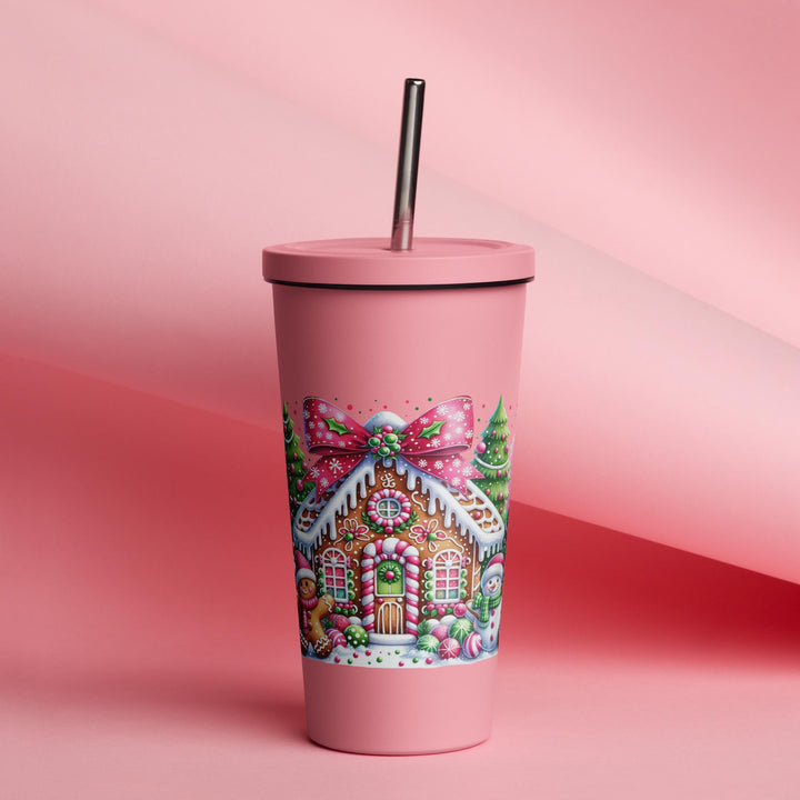Gingerbread House Insulated tumbler with a straw