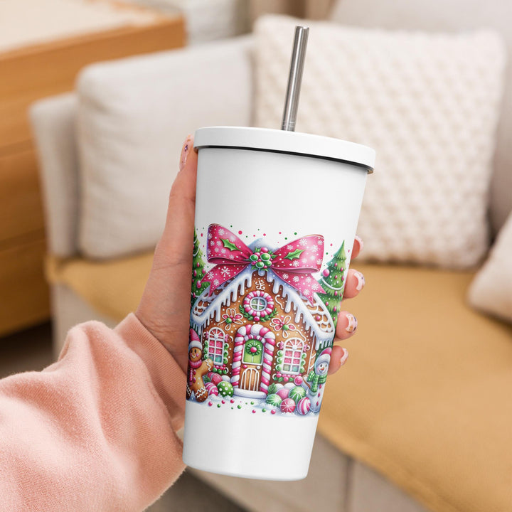 Gingerbread House Insulated tumbler with a straw