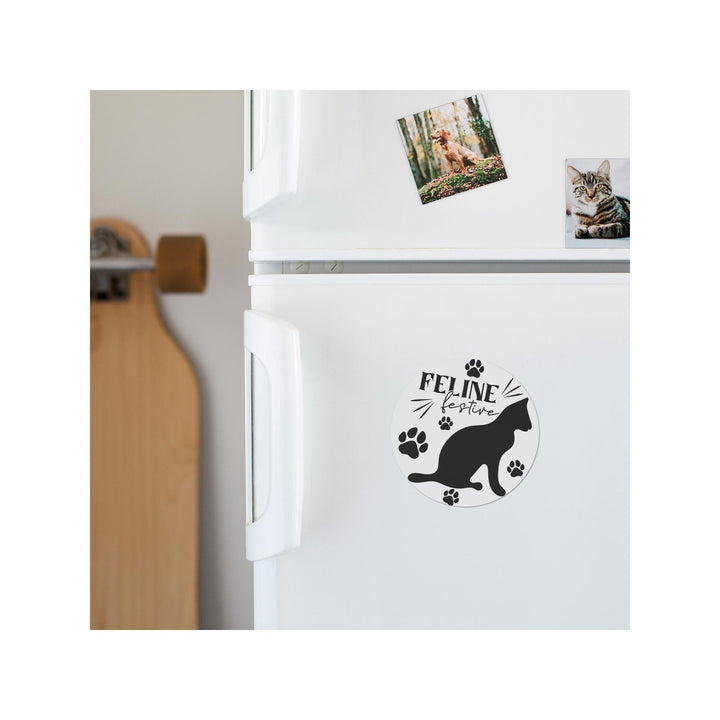 Feline Festive Round Christmas Magnet