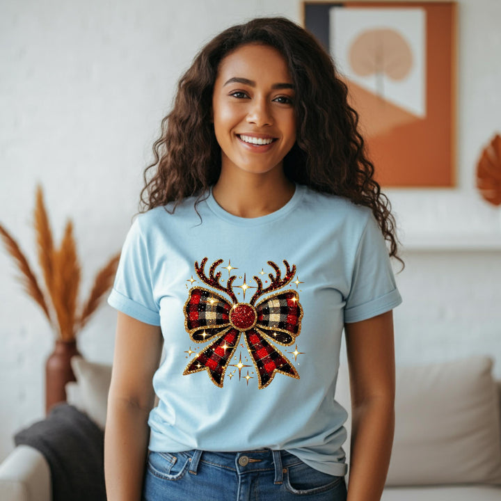 Reindeer Christmas Bow Unisex T-Shirt | Festive Holiday Deer Tee | Cute Xmas Graphic Shirt | Cozy Winter Top | Jolly Christmas Gift Idea
