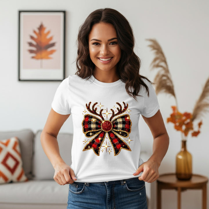 Reindeer Christmas Bow Unisex T-Shirt | Festive Holiday Deer Tee | Cute Xmas Graphic Shirt | Cozy Winter Top | Jolly Christmas Gift Idea