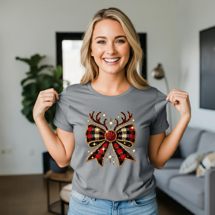 Reindeer Christmas Bow Unisex T-Shirt | Festive Holiday Deer Tee | Cute Xmas Graphic Shirt | Cozy Winter Top | Jolly Christmas Gift Idea