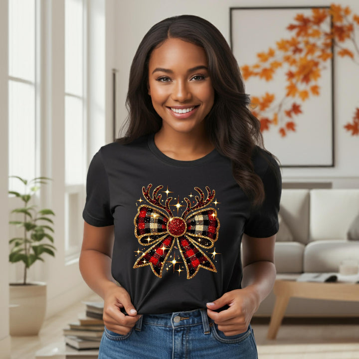 Reindeer Christmas Bow Unisex T-Shirt | Festive Holiday Deer Tee | Cute Xmas Graphic Shirt | Cozy Winter Top | Jolly Christmas Gift Idea