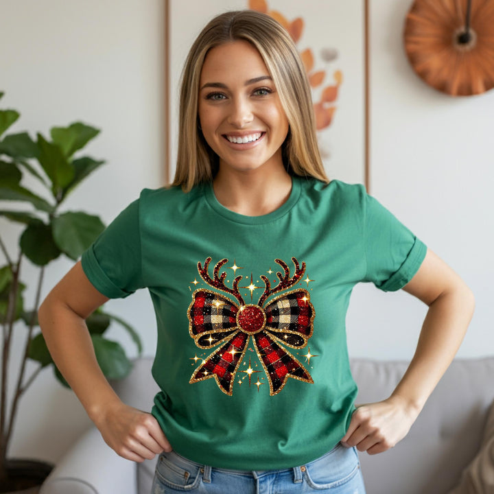 Reindeer Christmas Bow Unisex T-Shirt | Festive Holiday Deer Tee | Cute Xmas Graphic Shirt | Cozy Winter Top | Jolly Christmas Gift Idea