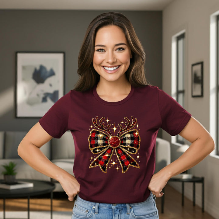 Reindeer Christmas Bow Unisex T-Shirt | Festive Holiday Deer Tee | Cute Xmas Graphic Shirt | Cozy Winter Top | Jolly Christmas Gift Idea