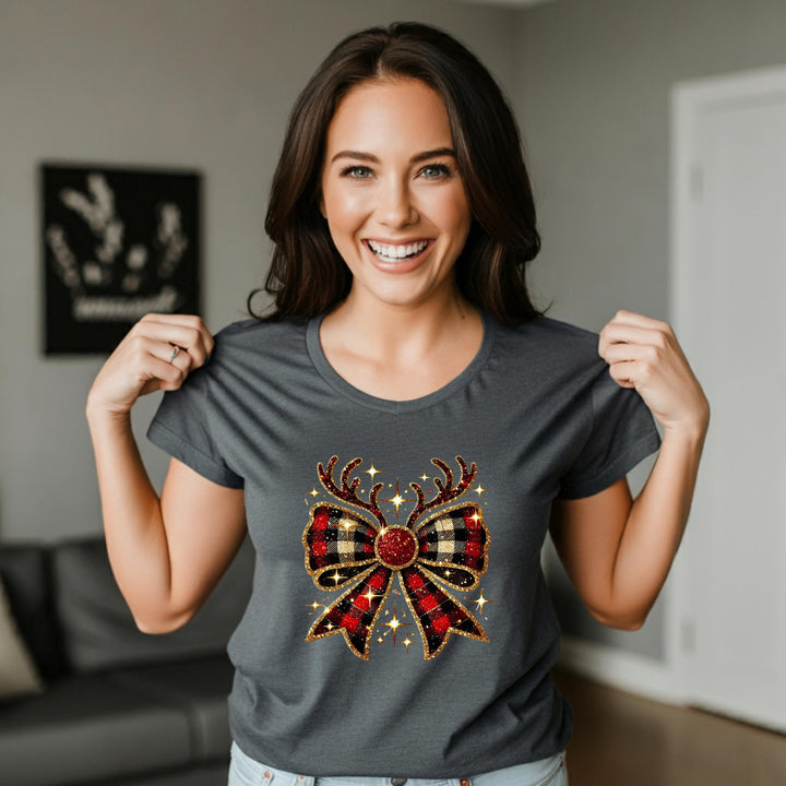 Reindeer Christmas Bow Unisex T-Shirt | Festive Holiday Deer Tee | Cute Xmas Graphic Shirt | Cozy Winter Top | Jolly Christmas Gift Idea