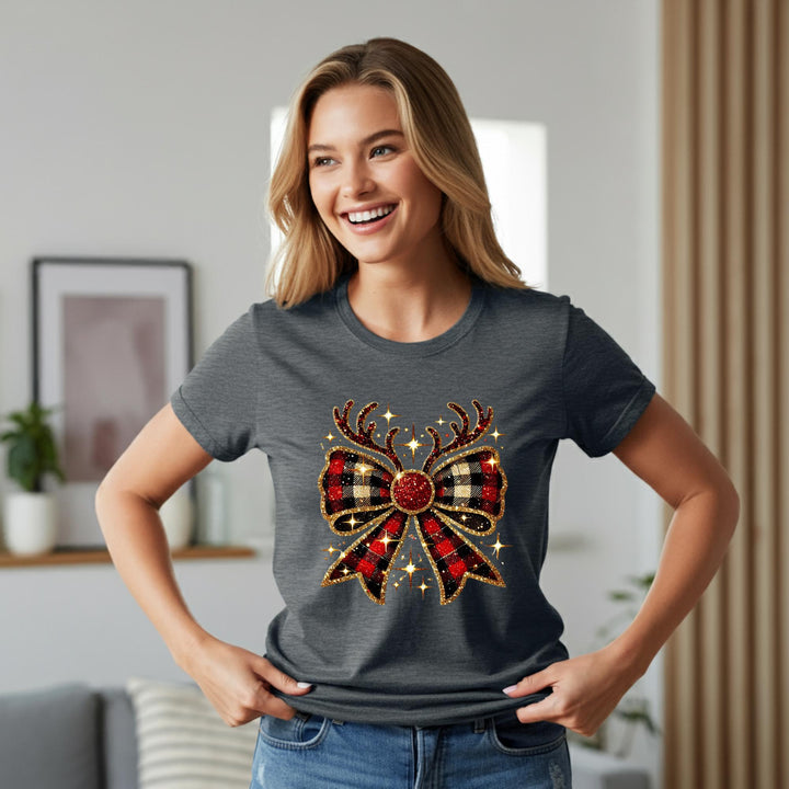 Reindeer Christmas Bow Unisex T-Shirt | Festive Holiday Deer Tee | Cute Xmas Graphic Shirt | Cozy Winter Top | Jolly Christmas Gift Idea