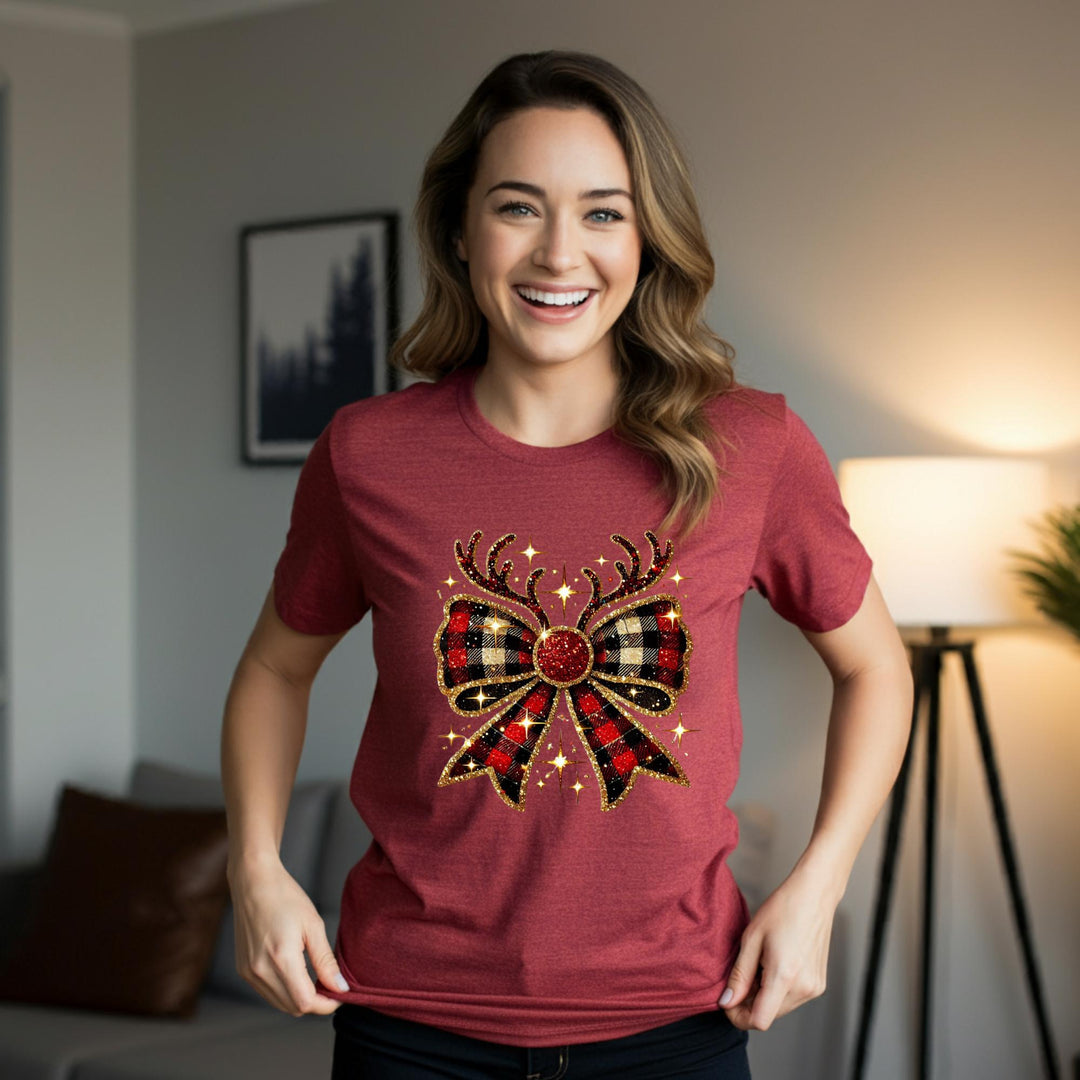 Reindeer Christmas Bow Unisex T-Shirt | Festive Holiday Deer Tee | Cute Xmas Graphic Shirt | Cozy Winter Top | Jolly Christmas Gift Idea