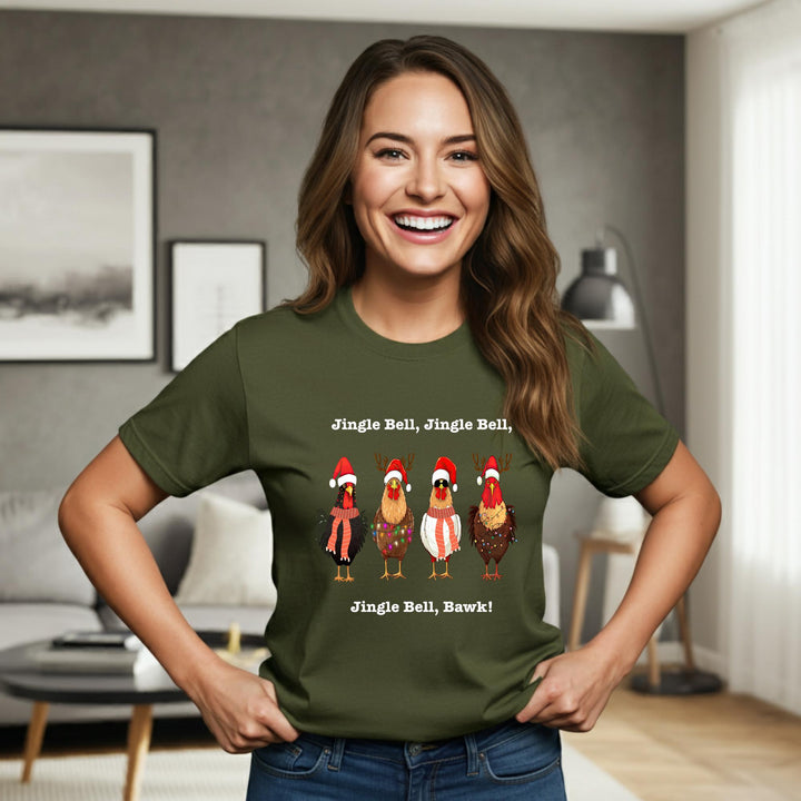 Jingle Bell, Bawk! Unisex T-Shirt | Funny Holiday Tee | Festive Chick Shirt | Quirky Christmas Humor Apparel for All | Great Gift Idea