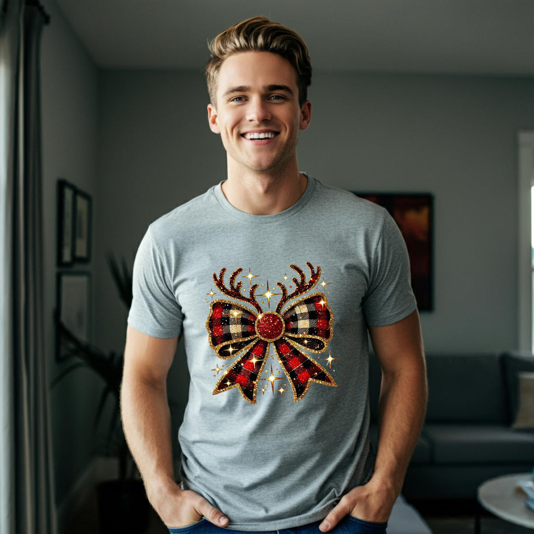 Reindeer Christmas Bow Unisex T-Shirt | Festive Holiday Deer Tee | Cute Xmas Graphic Shirt | Cozy Winter Top | Jolly Christmas Gift Idea