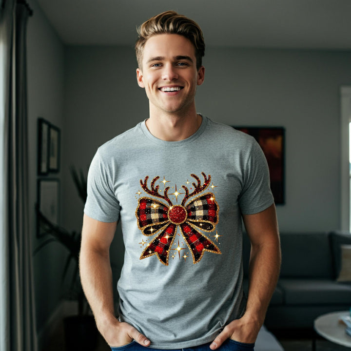 Reindeer Christmas Bow Unisex T-Shirt | Festive Holiday Deer Tee | Cute Xmas Graphic Shirt | Cozy Winter Top | Jolly Christmas Gift Idea