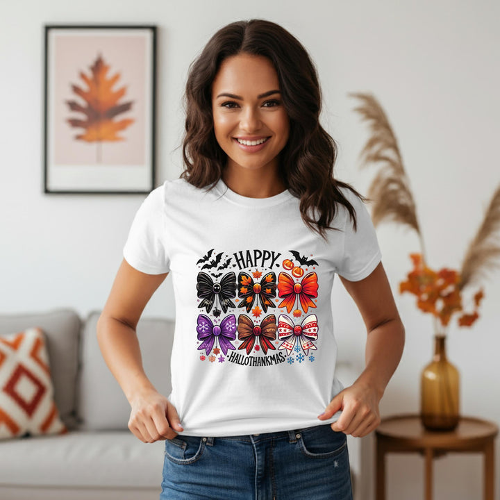 Happy Hallothankmas Unisex T-Shirt | Funny Holiday Mashup Tee | Halloween & Thanksgiving Fun | Unique Festive Apparel for All | Great Gift