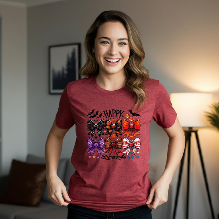Happy Hallothankmas Unisex T-Shirt | Funny Holiday Mashup Tee | Halloween & Thanksgiving Fun | Unique Festive Apparel for All | Great Gift