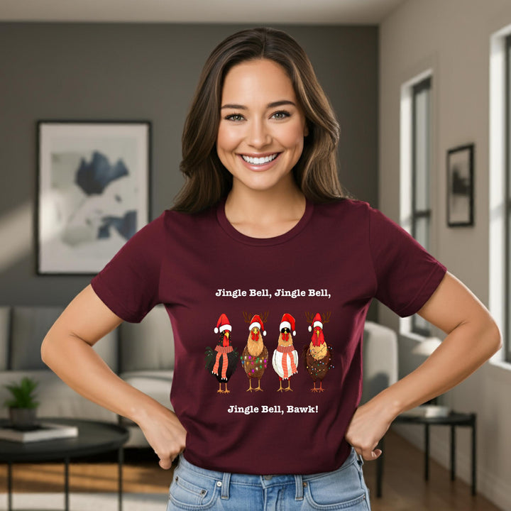 Jingle Bell, Bawk! Unisex T-Shirt | Funny Holiday Tee | Festive Chick Shirt | Quirky Christmas Humor Apparel for All | Great Gift Idea