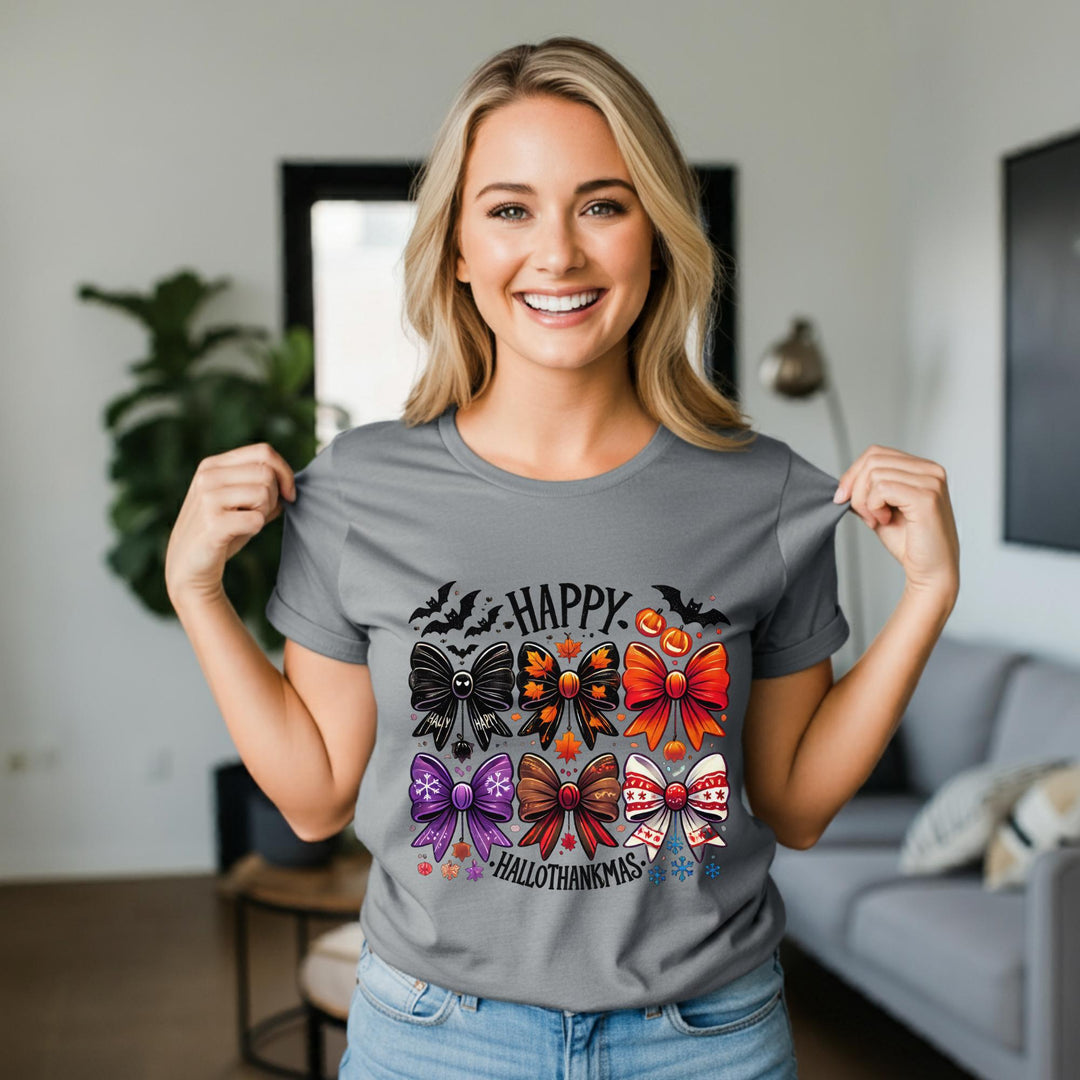 Happy Hallothankmas Unisex T-Shirt | Funny Holiday Mashup Tee | Halloween & Thanksgiving Fun | Unique Festive Apparel for All | Great Gift