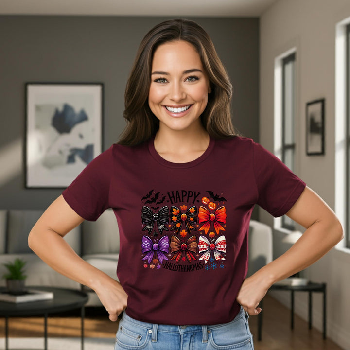 Happy Hallothankmas Unisex T-Shirt | Funny Holiday Mashup Tee | Halloween & Thanksgiving Fun | Unique Festive Apparel for All | Great Gift