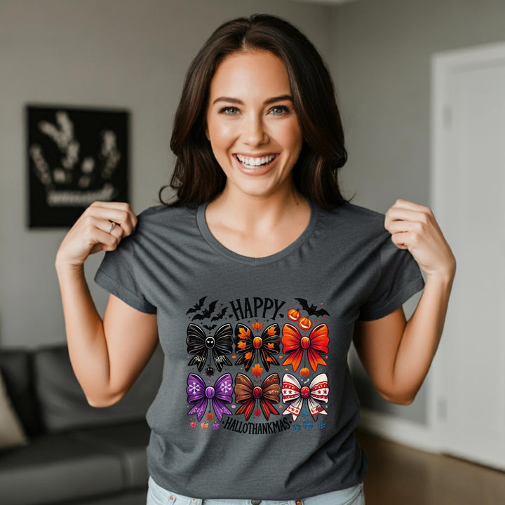 Happy Hallothankmas Unisex T-Shirt | Funny Holiday Mashup Tee | Halloween & Thanksgiving Fun | Unique Festive Apparel for All | Great Gift