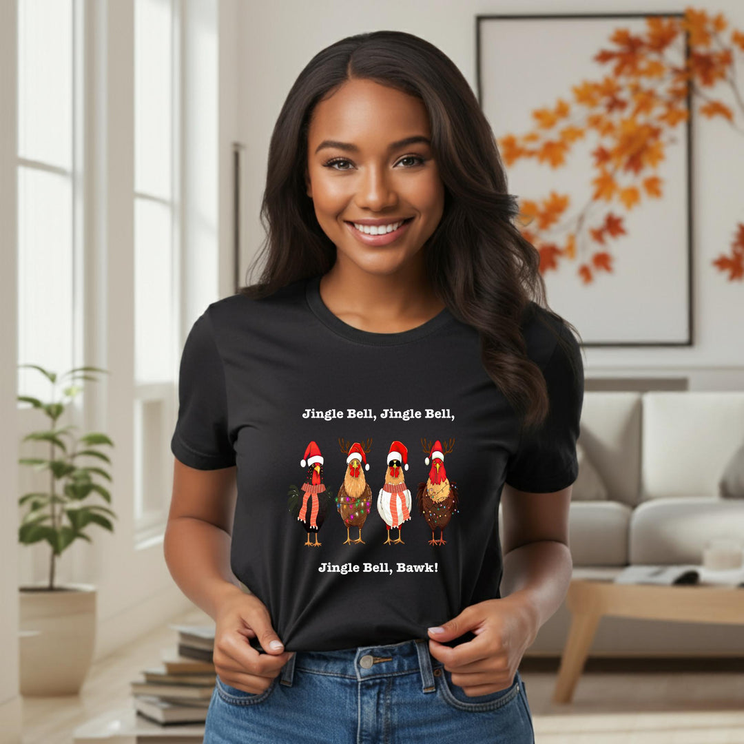 Jingle Bell, Bawk! Unisex T-Shirt | Funny Holiday Tee | Festive Chick Shirt | Quirky Christmas Humor Apparel for All | Great Gift Idea