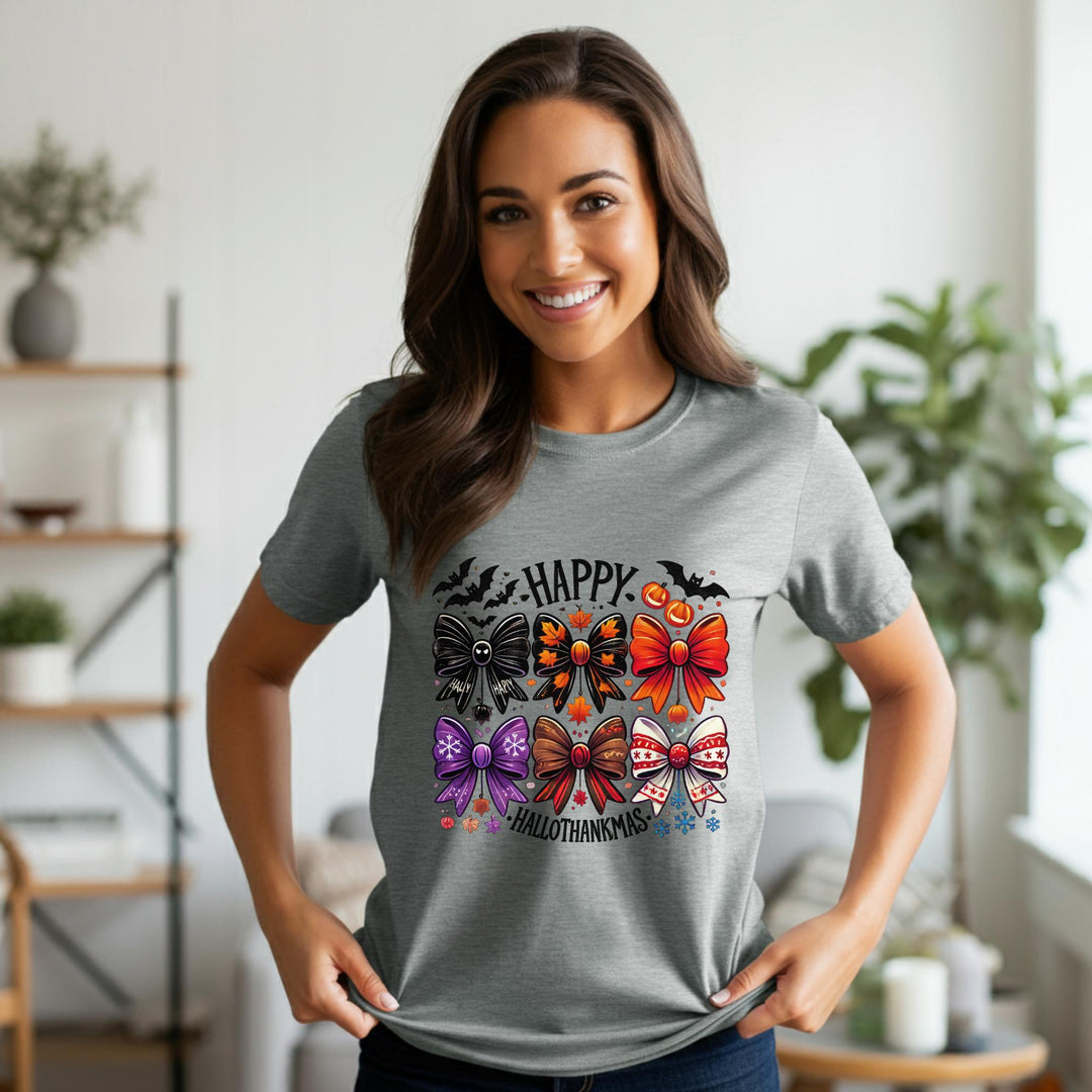 Happy Hallothankmas Unisex T-Shirt | Funny Holiday Mashup Tee | Halloween & Thanksgiving Fun | Unique Festive Apparel for All | Great Gift