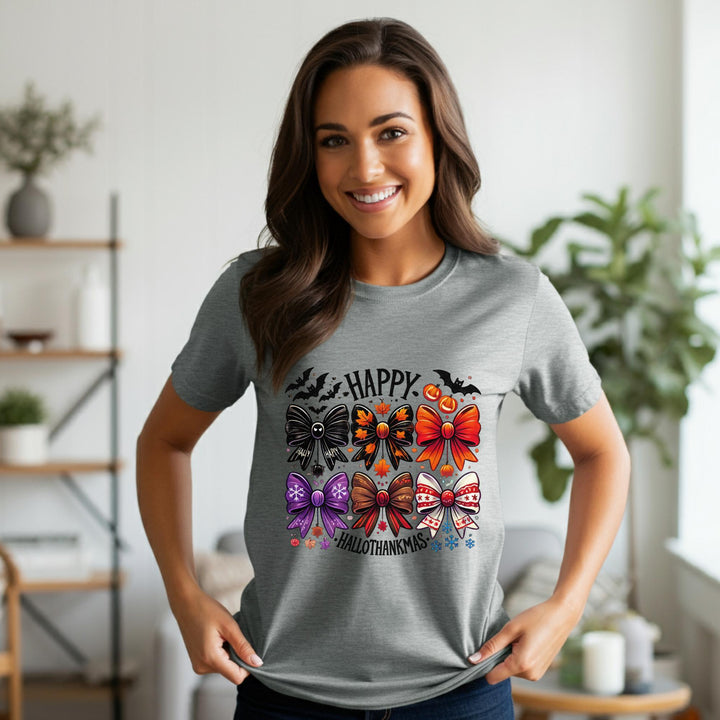Happy Hallothankmas Unisex T-Shirt | Funny Holiday Mashup Tee | Halloween & Thanksgiving Fun | Unique Festive Apparel for All | Great Gift