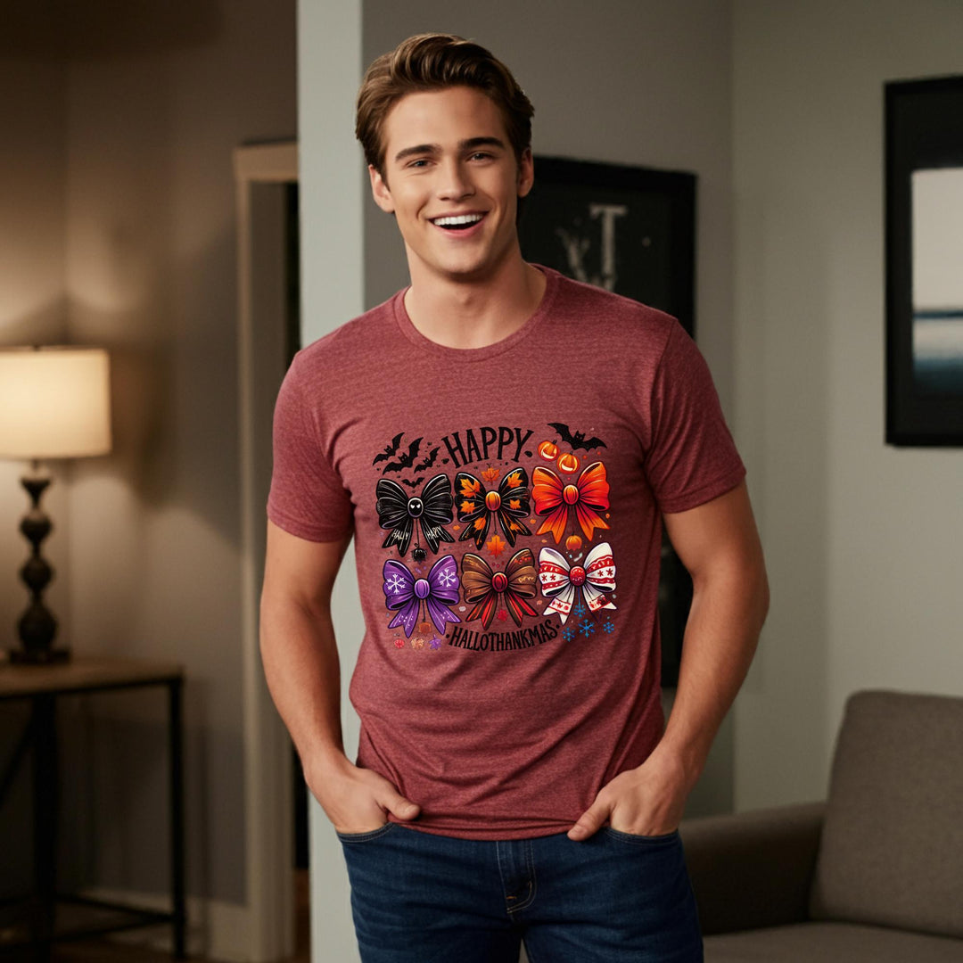 Happy Hallothankmas Unisex T-Shirt | Funny Holiday Mashup Tee | Halloween & Thanksgiving Fun | Unique Festive Apparel for All | Great Gift