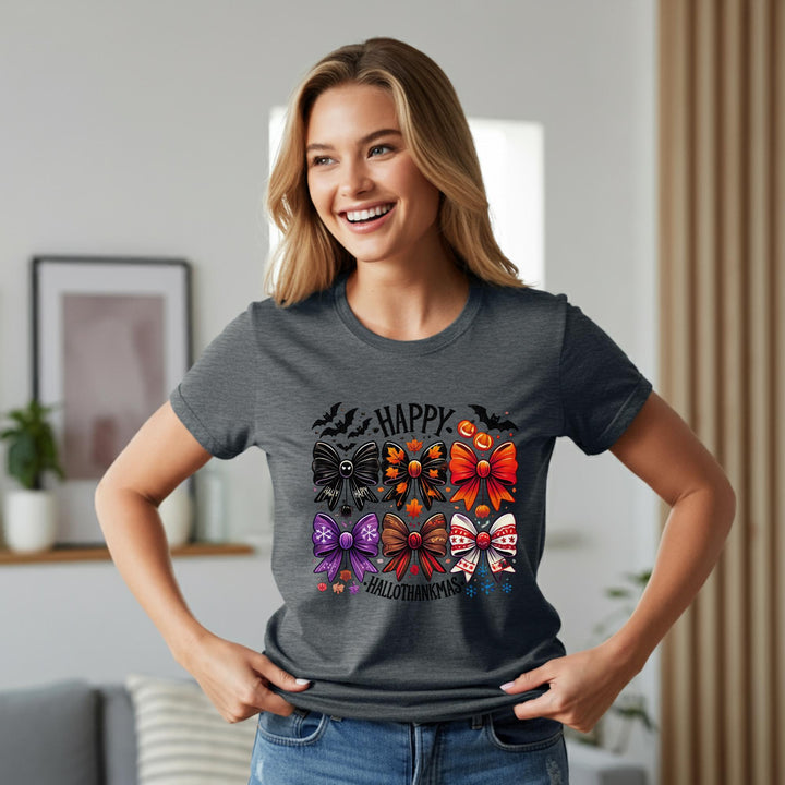 Happy Hallothankmas Unisex T-Shirt | Funny Holiday Mashup Tee | Halloween & Thanksgiving Fun | Unique Festive Apparel for All | Great Gift