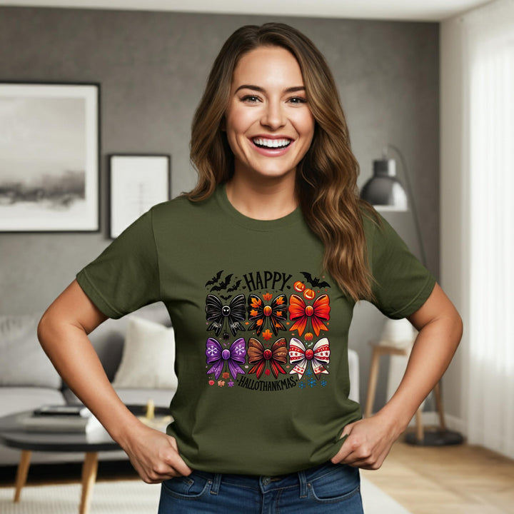 Happy Hallothankmas Unisex T-Shirt | Funny Holiday Mashup Tee | Halloween & Thanksgiving Fun | Unique Festive Apparel for All | Great Gift