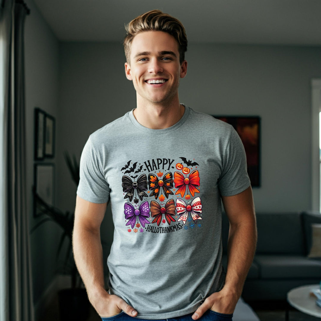 Happy Hallothankmas Unisex T-Shirt | Funny Holiday Mashup Tee | Halloween & Thanksgiving Fun | Unique Festive Apparel for All | Great Gift