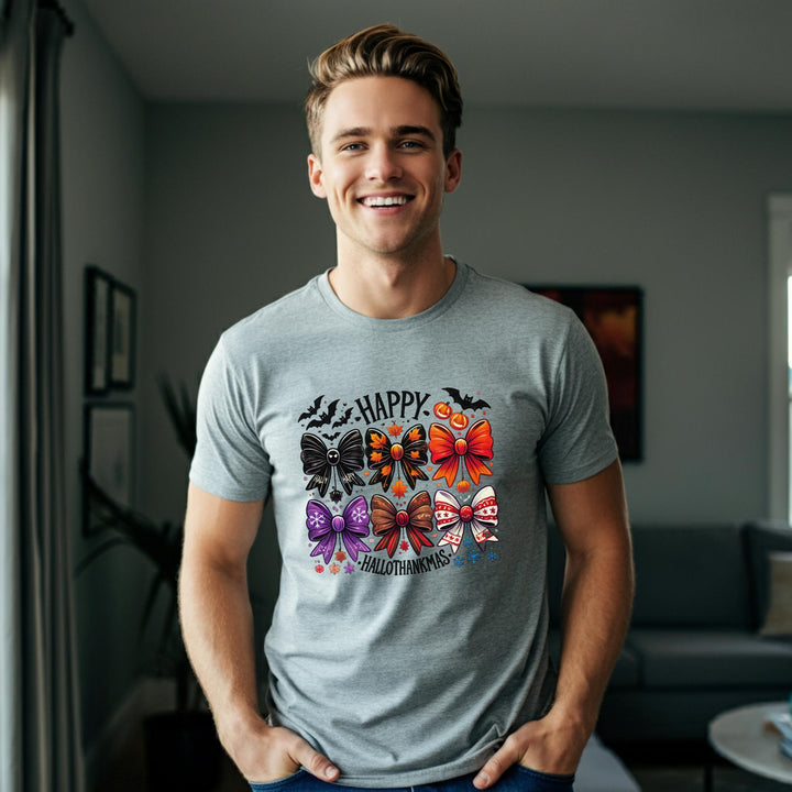 Happy Hallothankmas Unisex T-Shirt | Funny Holiday Mashup Tee | Halloween & Thanksgiving Fun | Unique Festive Apparel for All | Great Gift