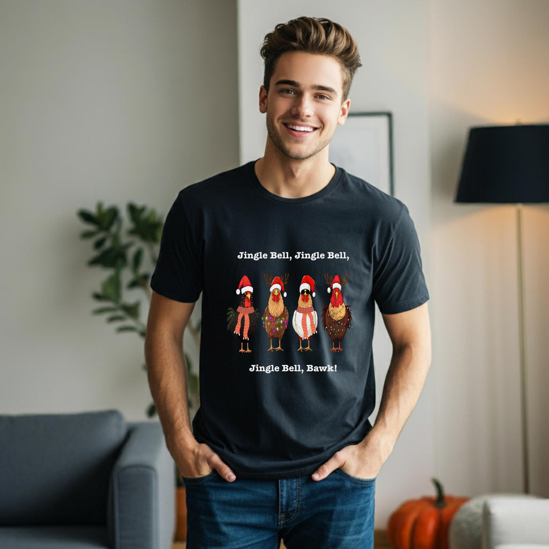 Jingle Bell, Bawk! Unisex T-Shirt | Funny Holiday Tee | Festive Chick Shirt | Quirky Christmas Humor Apparel for All | Great Gift Idea