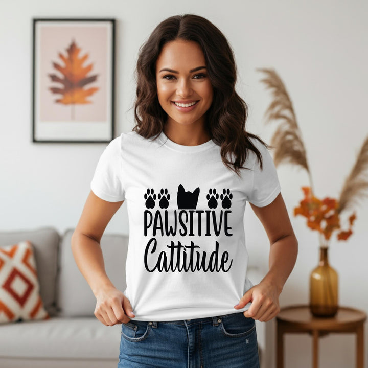 Pawsitive Catitude Unisex T-Shirt | Cat Lover Gift | Cute Cat Tee for Cat Moms & Dads | Funny Cat Quote Apparel | Cozy Purrfect Style