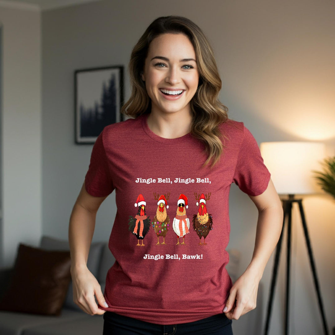 Jingle Bell, Bawk! Unisex T-Shirt | Funny Holiday Tee | Festive Chick Shirt | Quirky Christmas Humor Apparel for All | Great Gift Idea