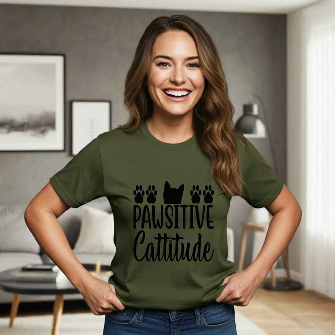 Pawsitive Catitude Unisex T-Shirt | Cat Lover Gift | Cute Cat Tee for Cat Moms & Dads | Funny Cat Quote Apparel | Cozy Purrfect Style