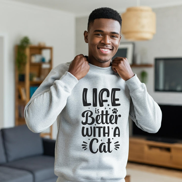 Life Is Better With A Cat Unisex Crewneck Sweatshirt, Cozy Cat Lover Apparel, Perfect Gift for Cat Moms & Dads, Soft and Stylish Sweatshirt
