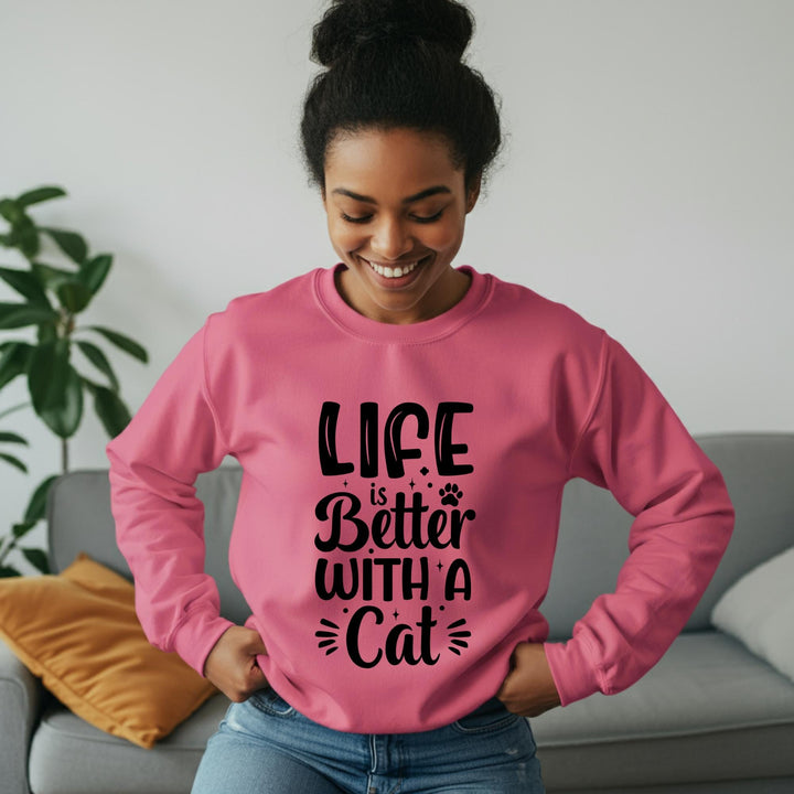 Life Is Better With A Cat Unisex Crewneck Sweatshirt, Cozy Cat Lover Apparel, Perfect Gift for Cat Moms & Dads, Soft and Stylish Sweatshirt