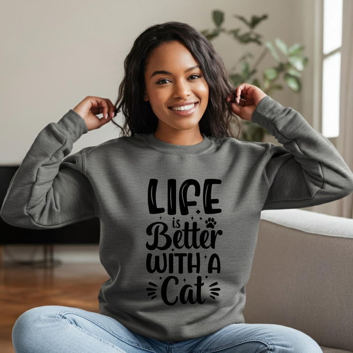 Life Is Better With A Cat Unisex Crewneck Sweatshirt, Cozy Cat Lover Apparel, Perfect Gift for Cat Moms & Dads, Soft and Stylish Sweatshirt