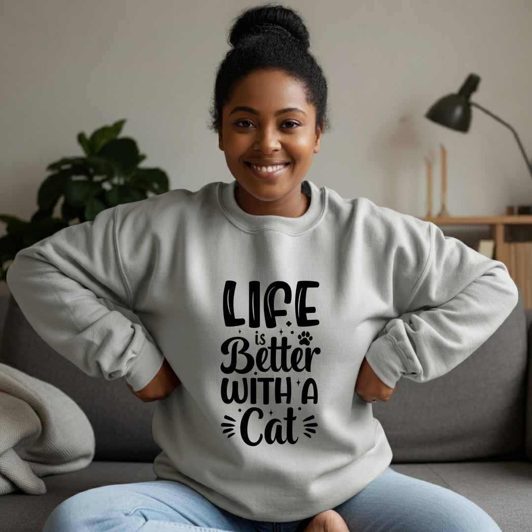 Life Is Better With A Cat Unisex Crewneck Sweatshirt, Cozy Cat Lover Apparel, Perfect Gift for Cat Moms & Dads, Soft and Stylish Sweatshirt