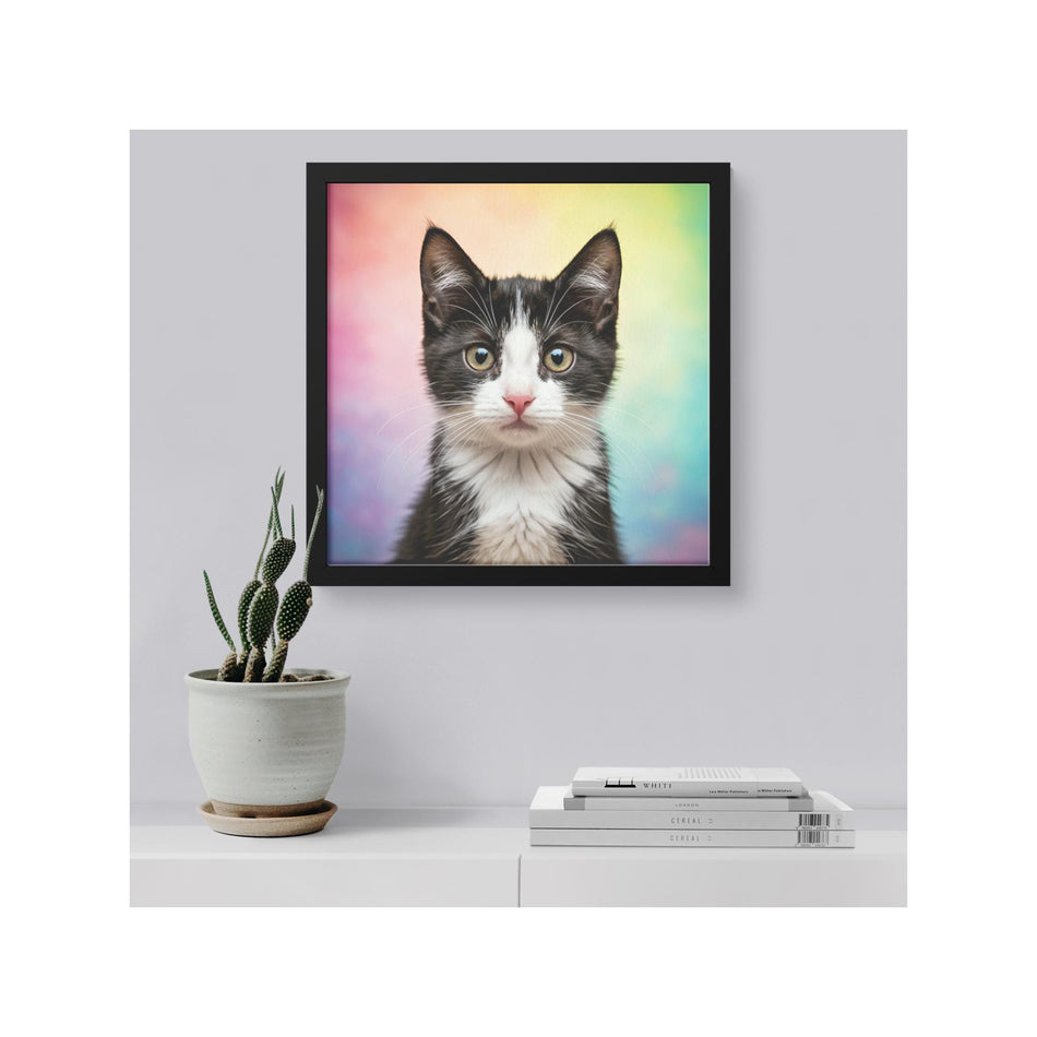 Colorful Tuxedo Kitten Framed Canvas Art | Perfect Birthday & Christmas Gifts for Cat Lovers | Vibrant Home Decor Piece