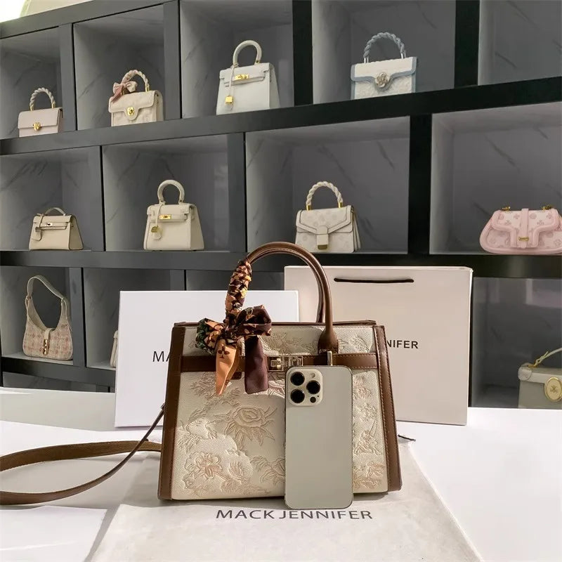 2025 Top Handle bag and Shoulder bag With Floral Embroidery and Silk Scarf Decoration and High Quality Material Women Handbag