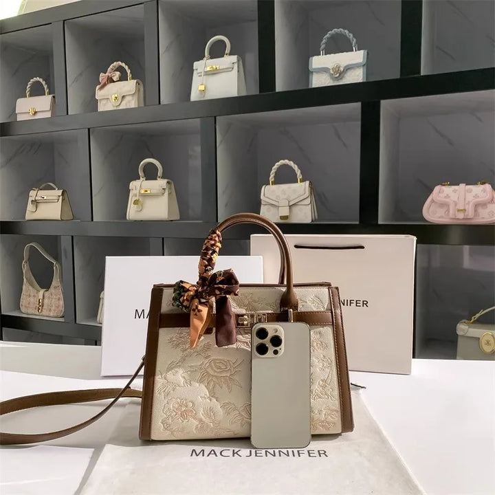2025 Top Handle bag and Shoulder bag With Floral Embroidery and Silk Scarf Decoration and High Quality Material Women Handbag