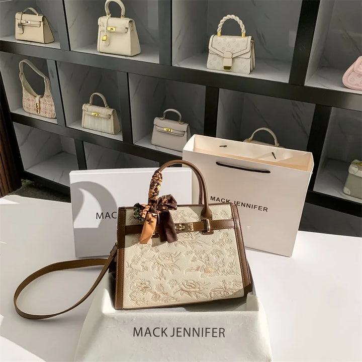 2025 Top Handle bag and Shoulder bag With Floral Embroidery and Silk Scarf Decoration and High Quality Material Women Handbag