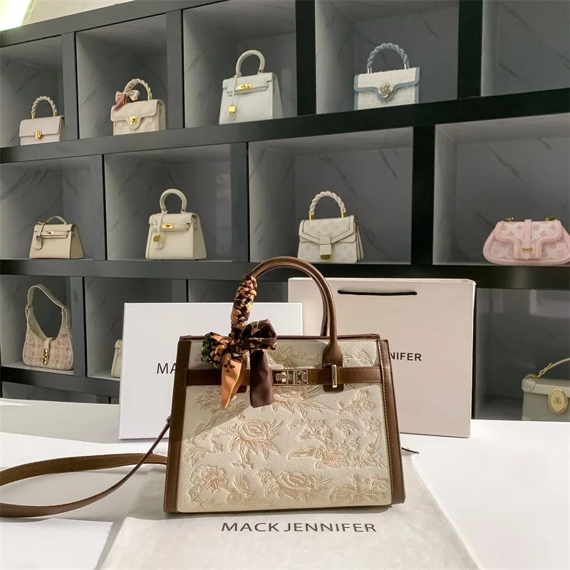 2025 Top Handle bag and Shoulder bag With Floral Embroidery and Silk Scarf Decoration and High Quality Material Women Handbag