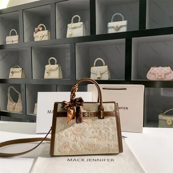2025 Top Handle bag and Shoulder bag With Floral Embroidery and Silk Scarf Decoration and High Quality Material Women Handbag
