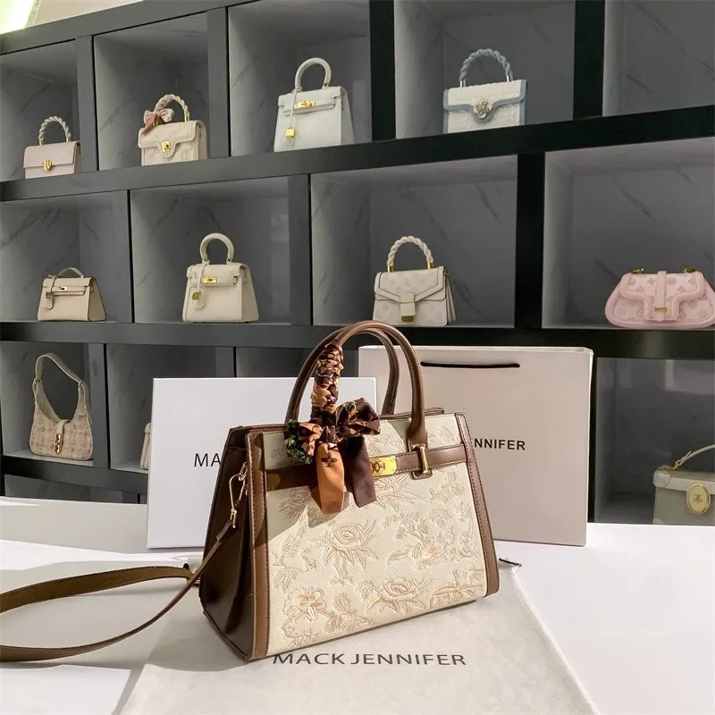 2025 Top Handle bag and Shoulder bag With Floral Embroidery and Silk Scarf Decoration and High Quality Material Women Handbag