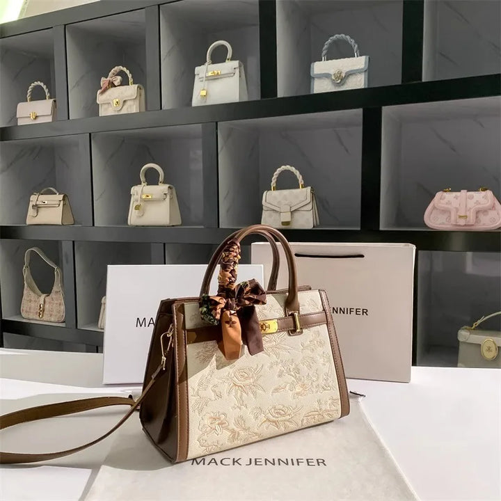 2025 Top Handle bag and Shoulder bag With Floral Embroidery and Silk Scarf Decoration and High Quality Material Women Handbag
